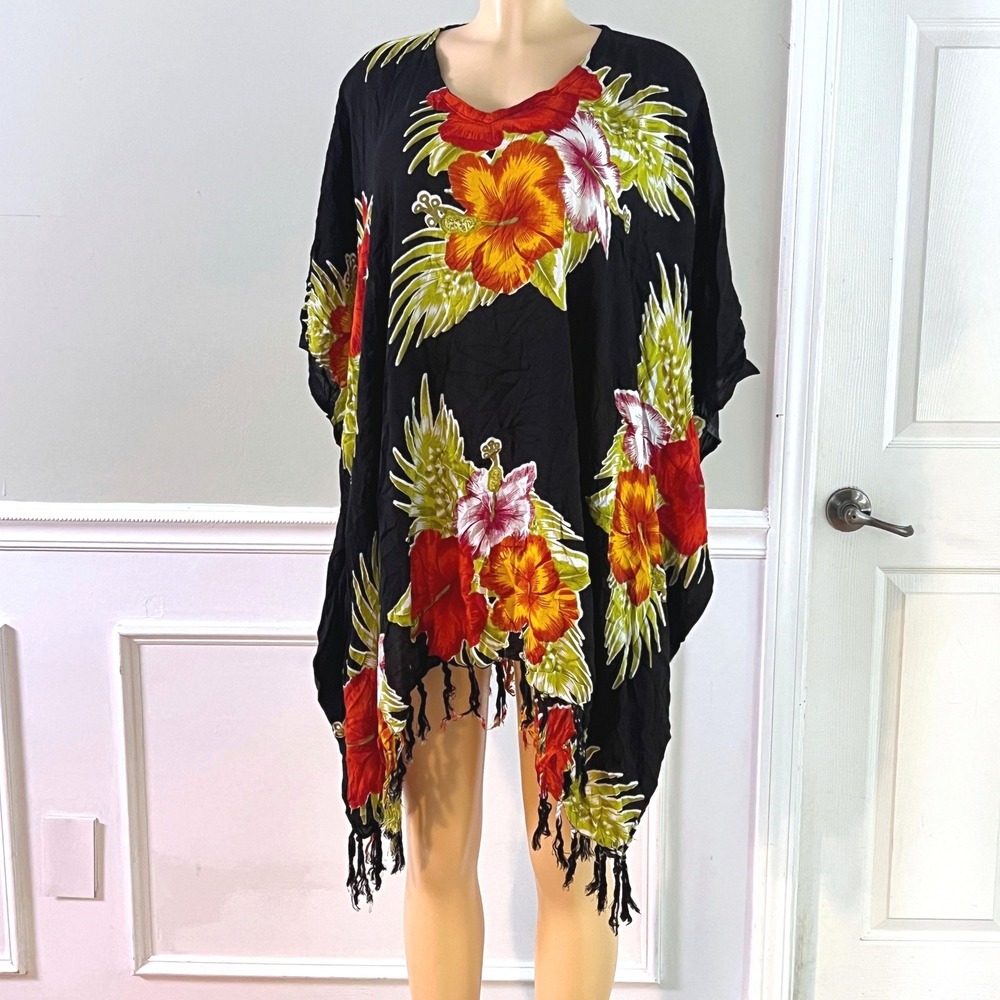 Hawaii Poncho Cover Up OS Women Floral Tassel Rayon Black Tropical Boho Aloha